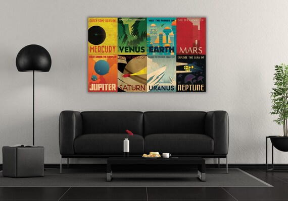 Retro Space Travel Art Set Eight Planets Vintage NASA Style Poster