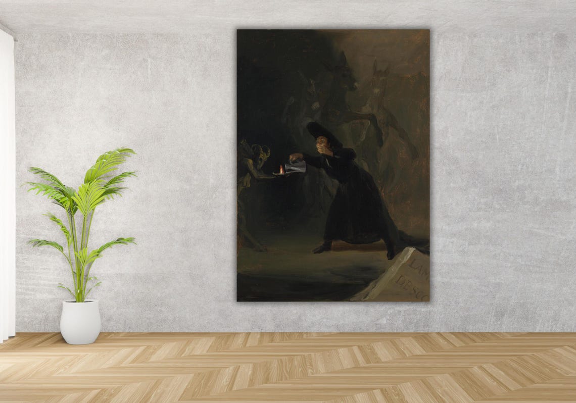 Terrified Man Holding Lamp Fleeing Dark Demons Gothic Painting Poster - Image 2