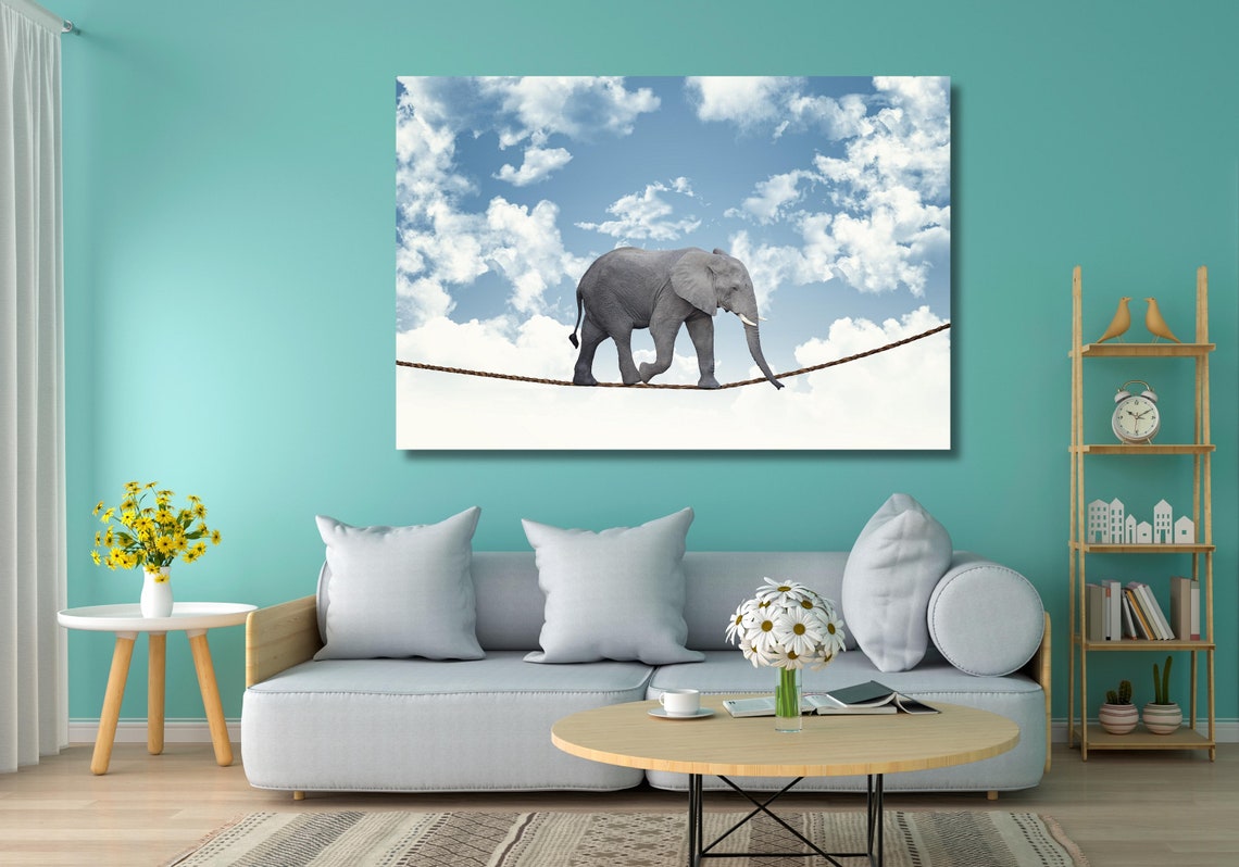 Elephant Walking Tightrope Surreal Blue Sky Clouds Art Poster - Image 2