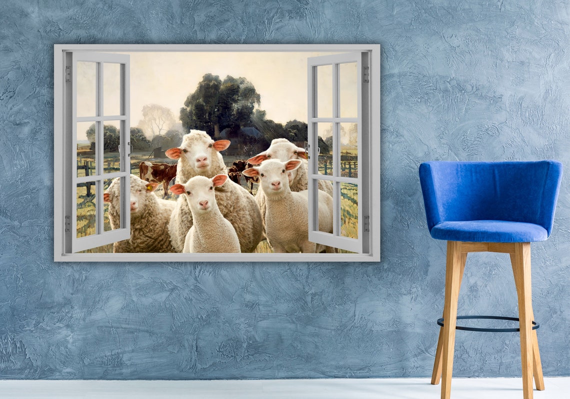 Sheep and Lambs Looking Through Open Window 3D Farm Animal Poster - Image 2