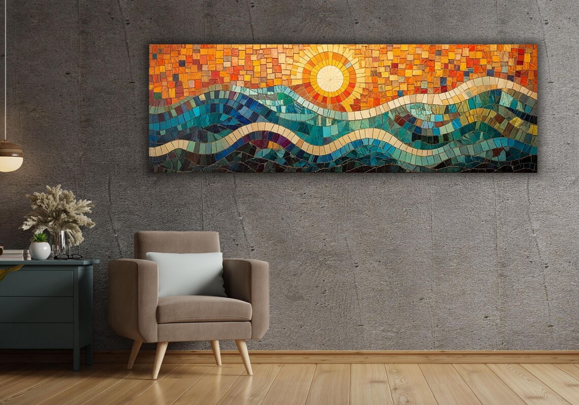 Mosaic Sunset Over Ocean Waves Panoramic Teal Orange Tile Art Style Poster - Image 3