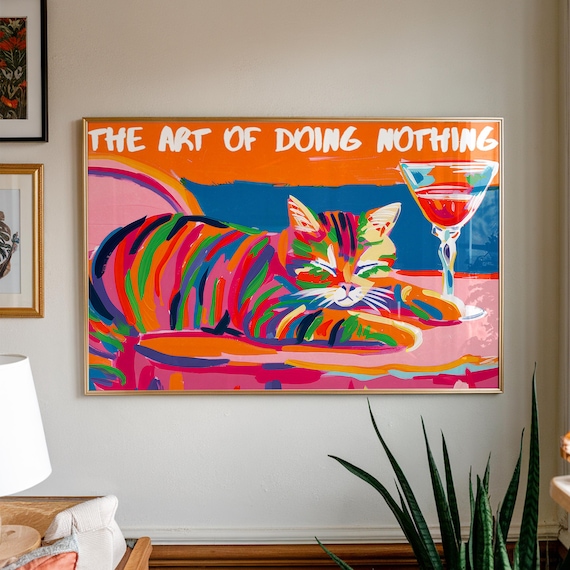 Funny Cat Art Print Maximalist Lounge Decor Wine