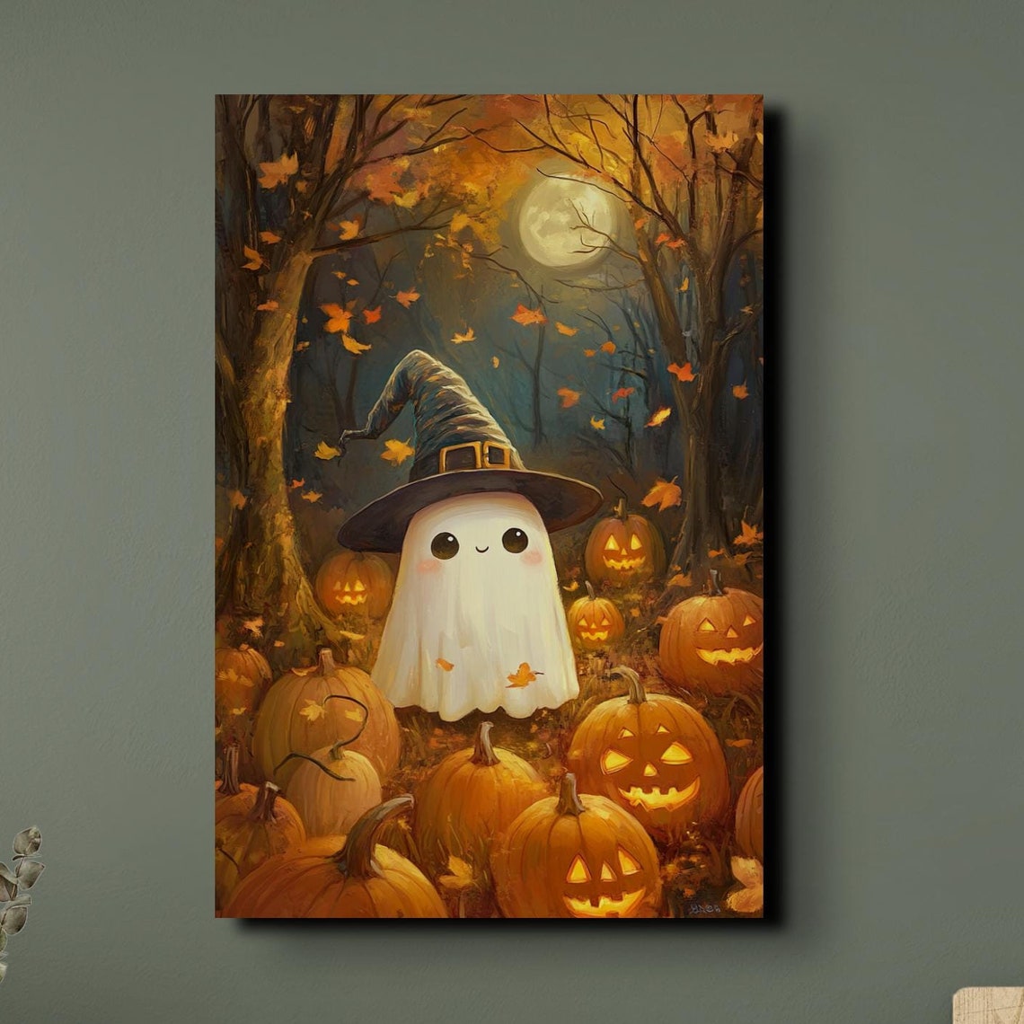 Cute Ghost In Witch Hat Moonlit Pumpkin Patch Halloween Poster