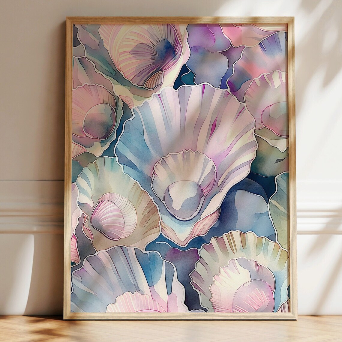 Pastel Seashell Watercolor Pink Scallop Shells Coastal Art Poster