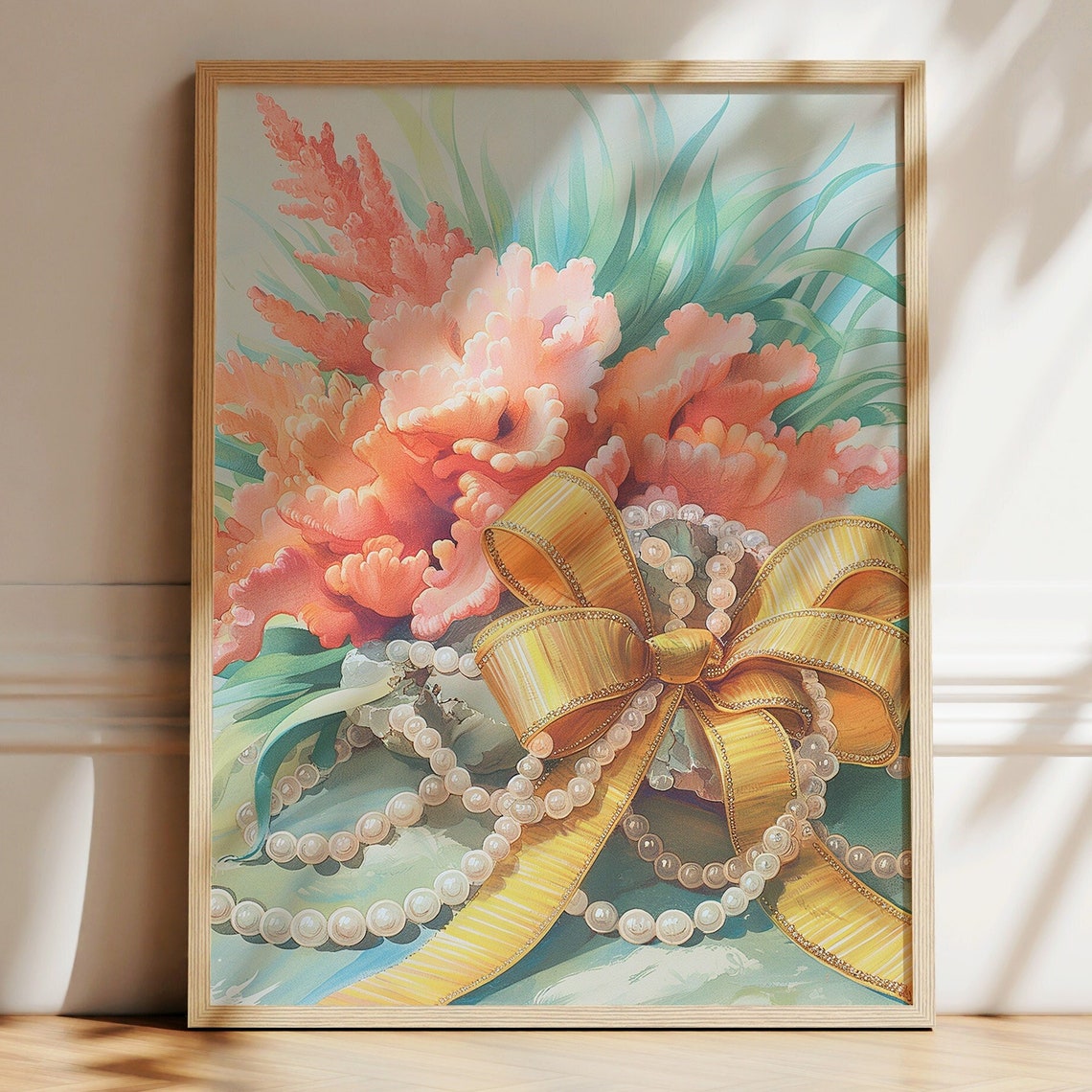 Coral Coquette Print Yellow Bow Coastal Decor