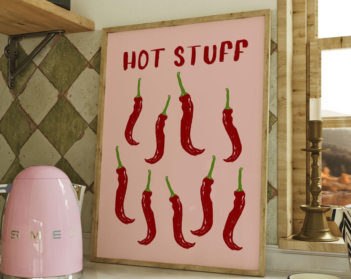 Hot Stuff Red Chili Peppers Sketch Retro Pink Kitchen Poster