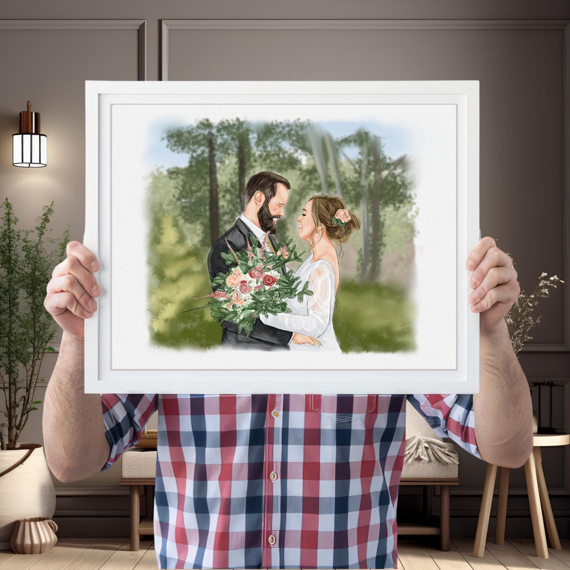 Custom Watercolor Wedding Couple Bouquet Outdoor Portrait Poster