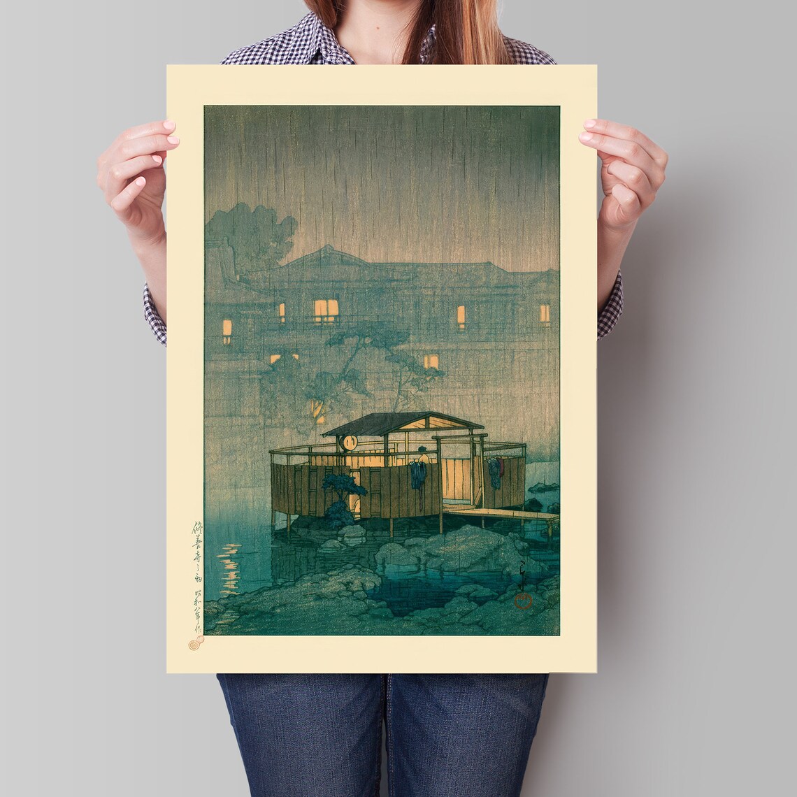 Japanese Rain Night Riverside Shelter Woodblock Style Art Poster - Image 4