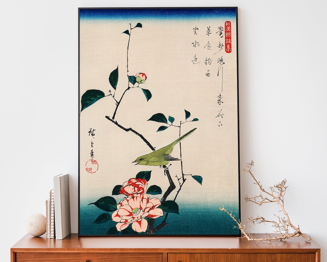 Hiroshige Green Bird On Striped Camellia Blossom Woodblock Poster