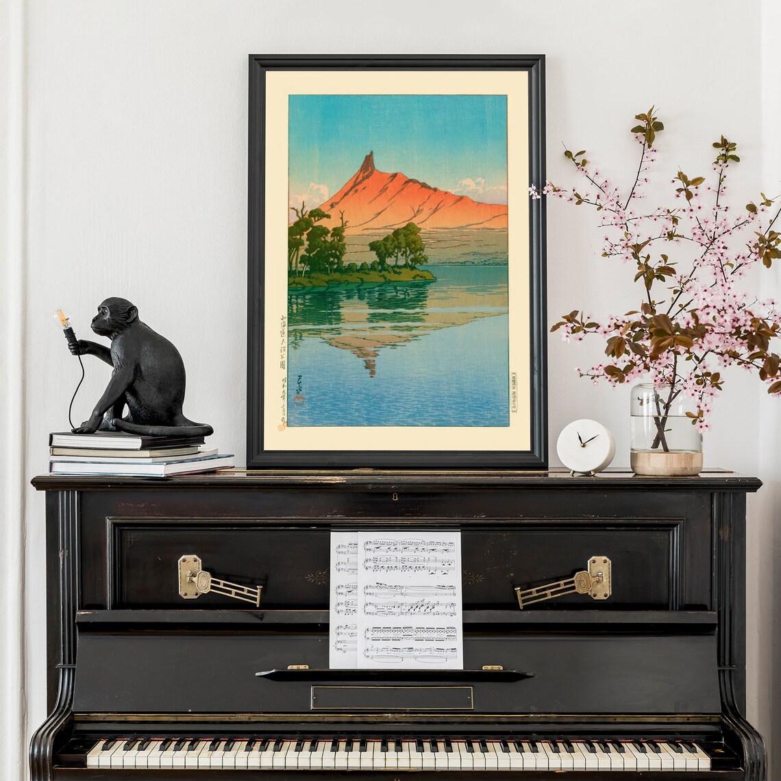 Japanese Red Mountain Lake Reflection Woodblock Style Dawn Poster - Image 2