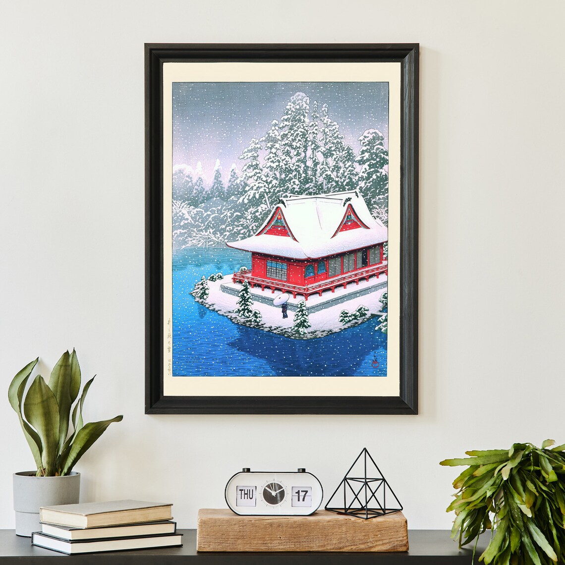 Japanese Snowy Temple Island Lake Woodblock Style Winter Poster - Image 3