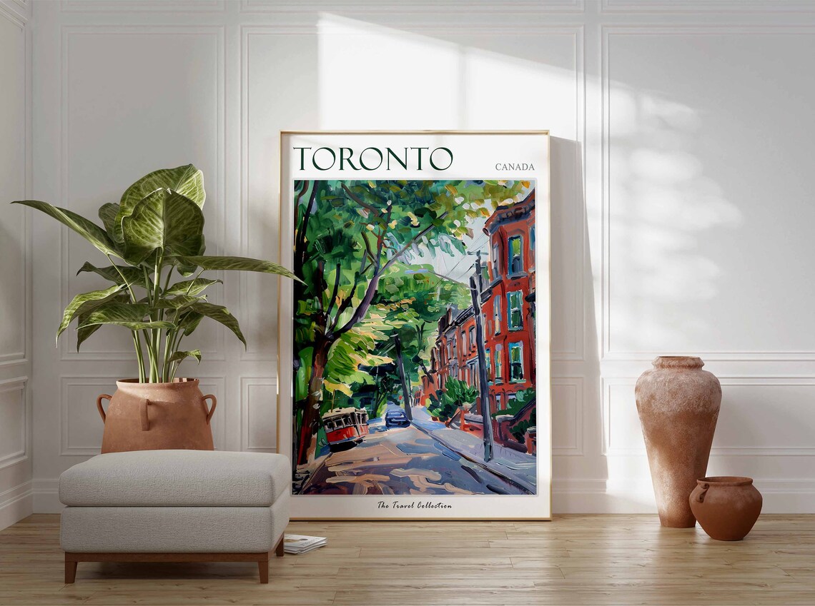 Toronto Canada Leafy Streetcar Street Brick Rowhouses Painting Poster - Image 2