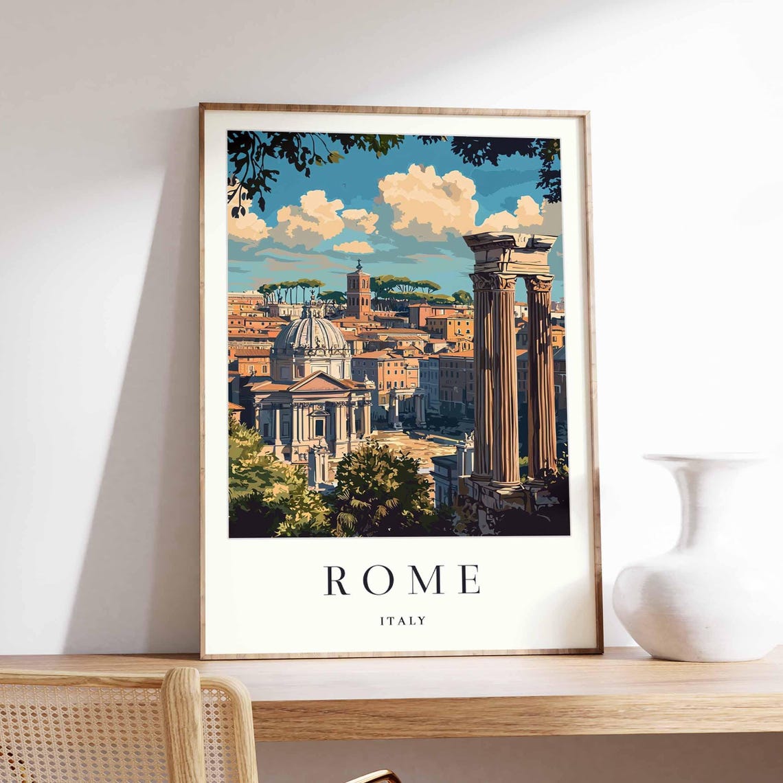 Rome Italy Poster With Ancient Roman Forum Columns And Historic Dome