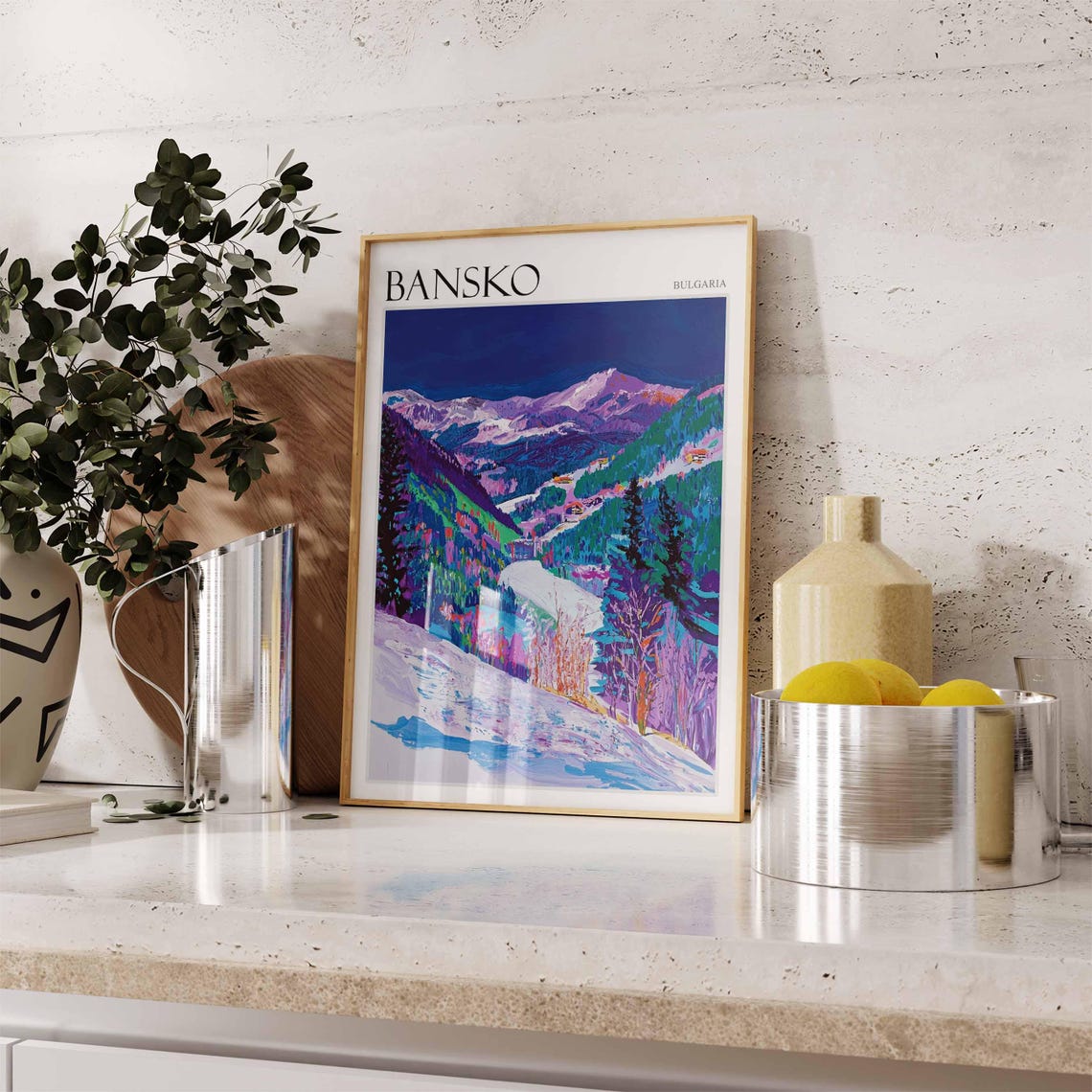Bansko Bulgaria Purple Night Mountains Snowy Peaks Artistic Poster - Image 2