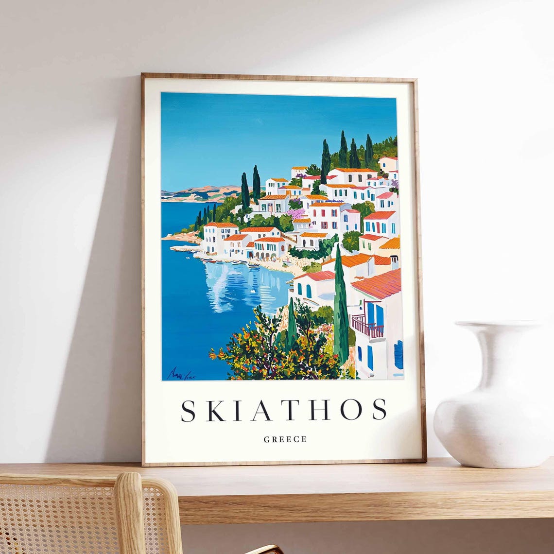 Skiathos Greece Whitewashed Hillside Harbor Coastal Travel Poster