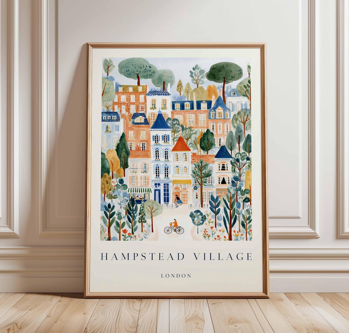 Hampstead Village London Cycling Through Colorful Streets Poster