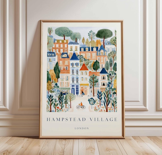 Hampstead Village London Cycling Through Colorful Streets Poster