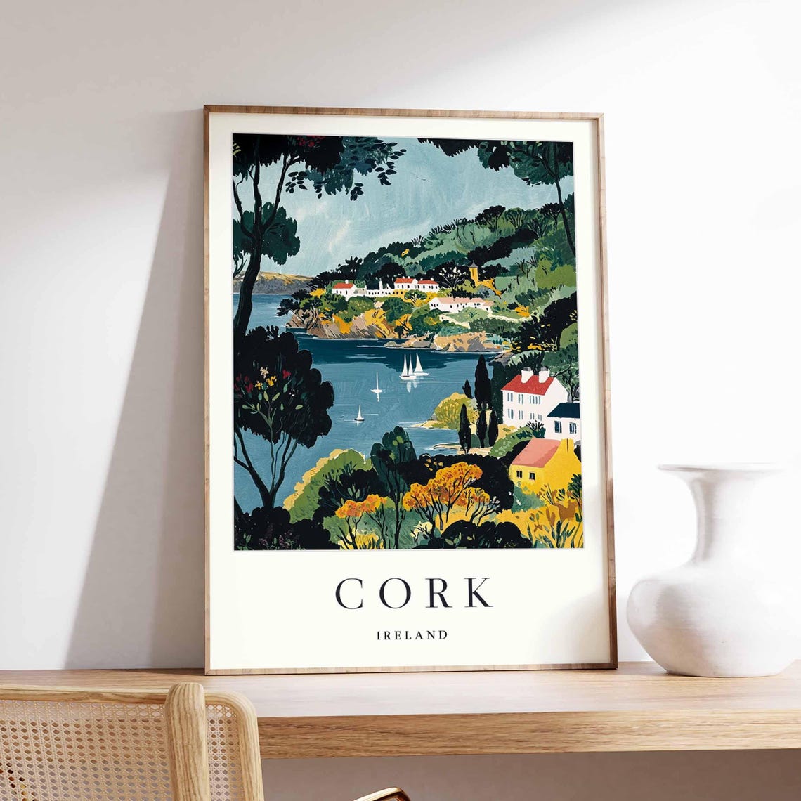 Cork Ireland Harbor Sailboats Hillside Village Vintage Poster