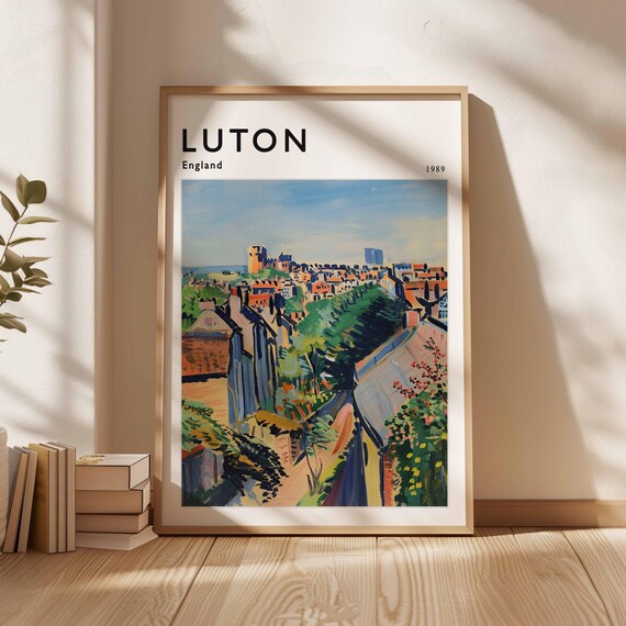 Luton England 1989 Street View Colorful Rooftops Historic Town Travel Poster