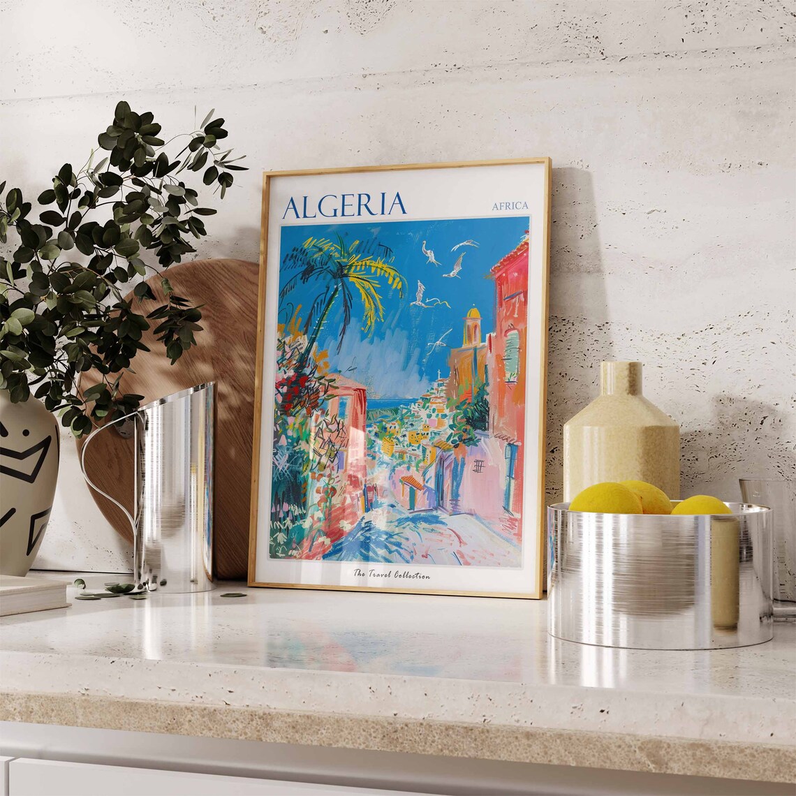Algeria Africa Vibrant Coastal Street Palms Scene Travel Poster - Image 3