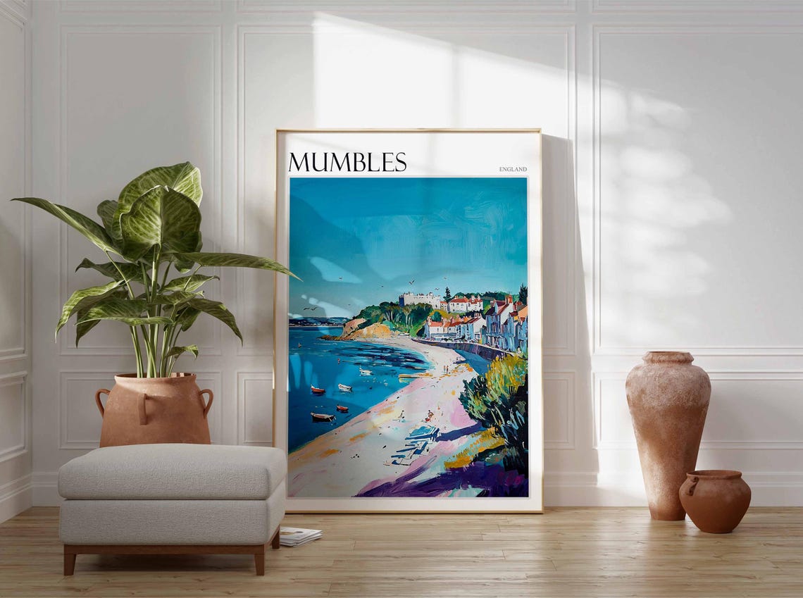 Mumbles Colorful Seaside Cliffside Beach England Travel Poster - Image 3