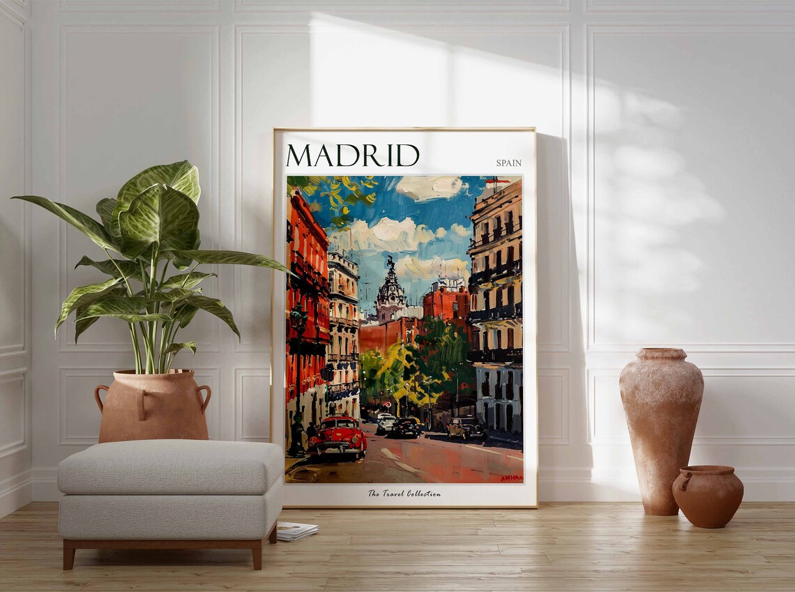 Madrid Spain Street Classic Car Painting Travel Collection Poster - Image 2