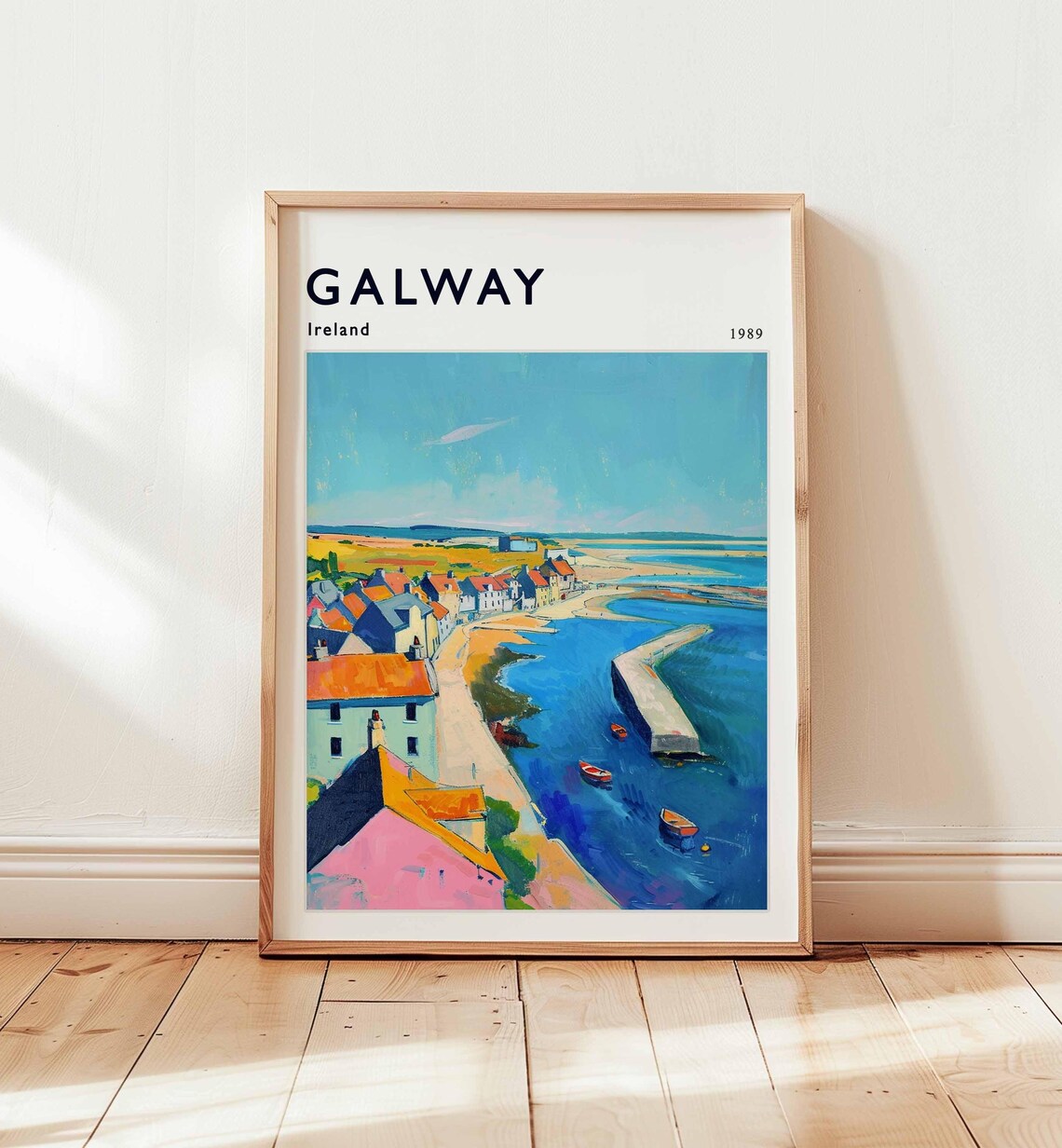 Galway Ireland Coastal Town Colorful Harbor 1989 Travel Poster