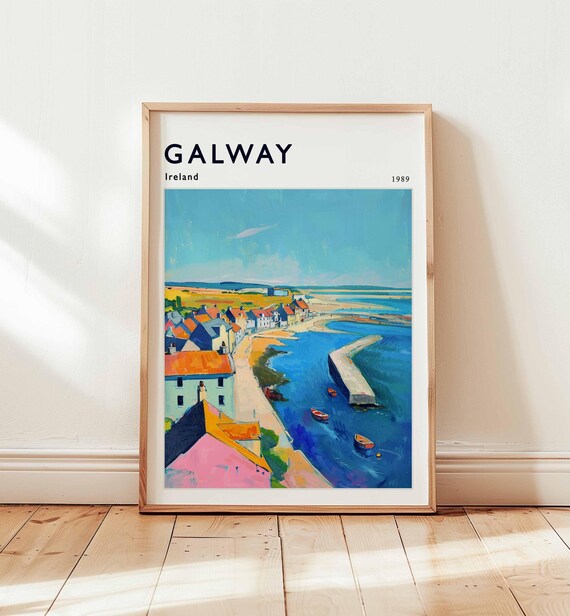 Galway Ireland Coastal Town Colorful Harbor 1989 Travel Poster