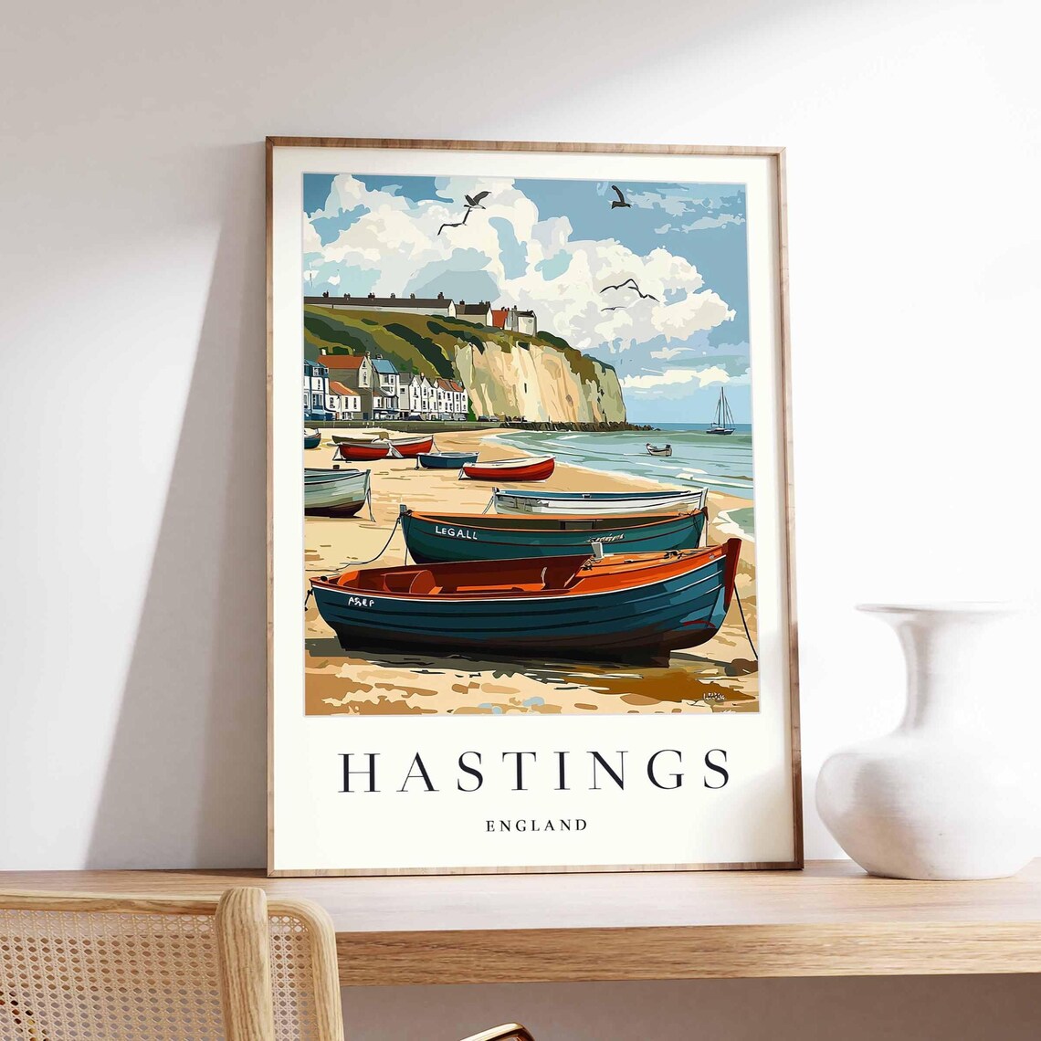 Hastings England Travel Fishing Boats Beach Cliffs Seaside Poster