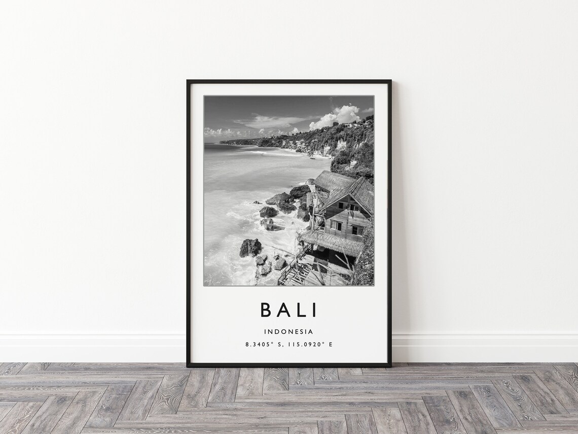 Bali Black and White Beach Rocky Shore Indonesia Travel Poster - Image 2