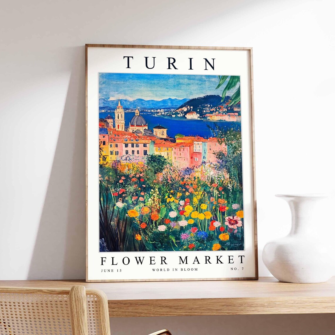 Turin Flower Market Lakeside City Pastel Buildings Wildflower Poster