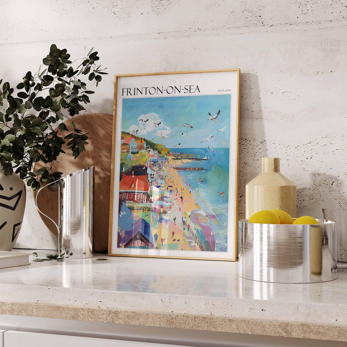 Frinton On Sea Busy Beach Umbrellas Seagulls Sunbathers Summer Travel Poster - Image 2
