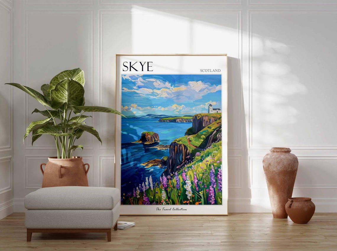 Skye Scotland Dramatic Cliffs Castle Headland Wildflowers Ocean Poster - Image 2