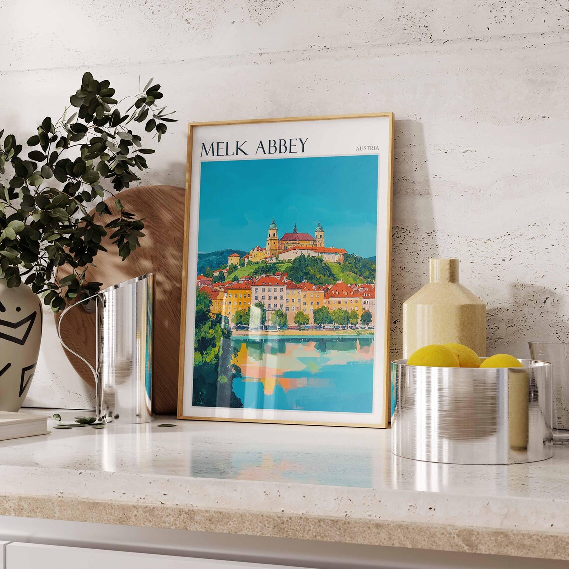 Melk Abbey Austria Distant View with River Reflection Travel Poster - Image 2