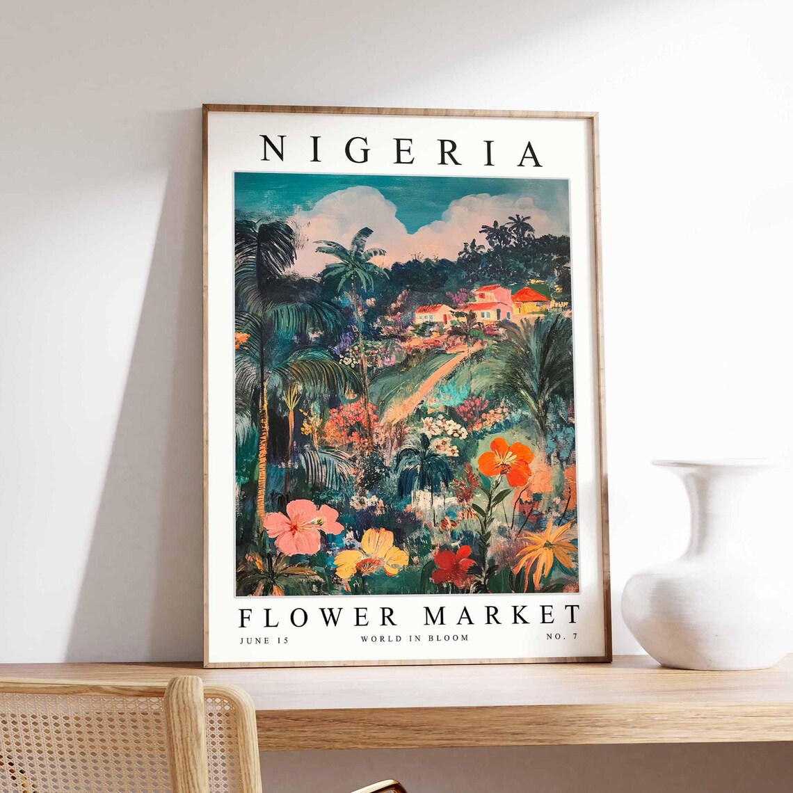 Nigeria Flower Market Tropical Palm Tree Pink Blooms Water Poster