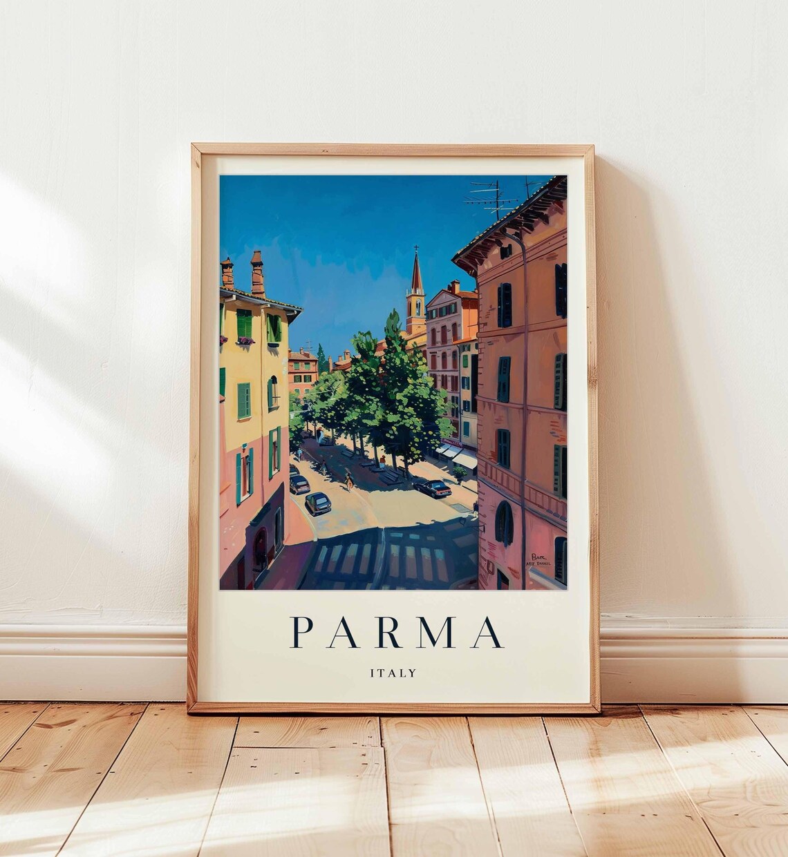 Parma Italy Colorful Old Town Street with Church Spire Poster