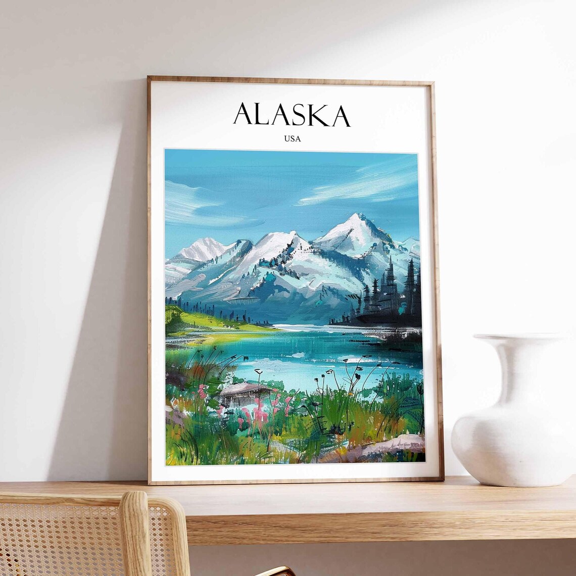 Alaska USA Snowy Peaks Lake Wildflower Meadow Landscape Poster