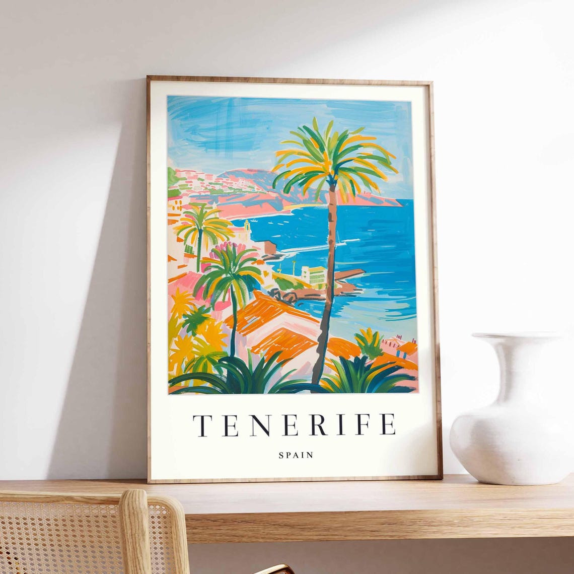 Tenerife Spain Palms Over an Azure Bay Vintage Travel Poster