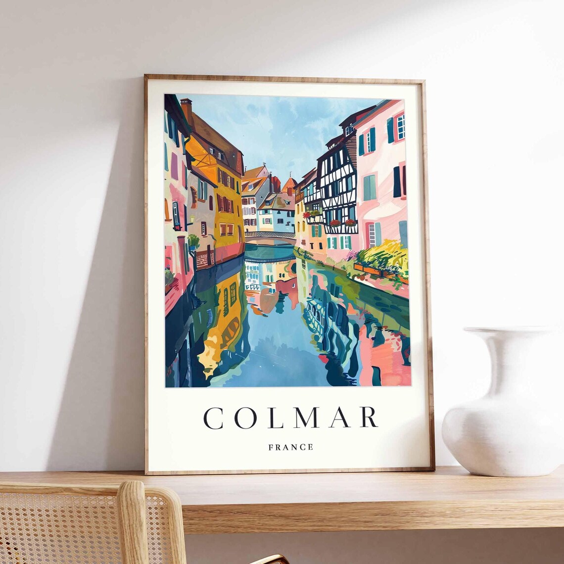 Colmar France Watercolor Canal Reflections Pastel Travel Poster