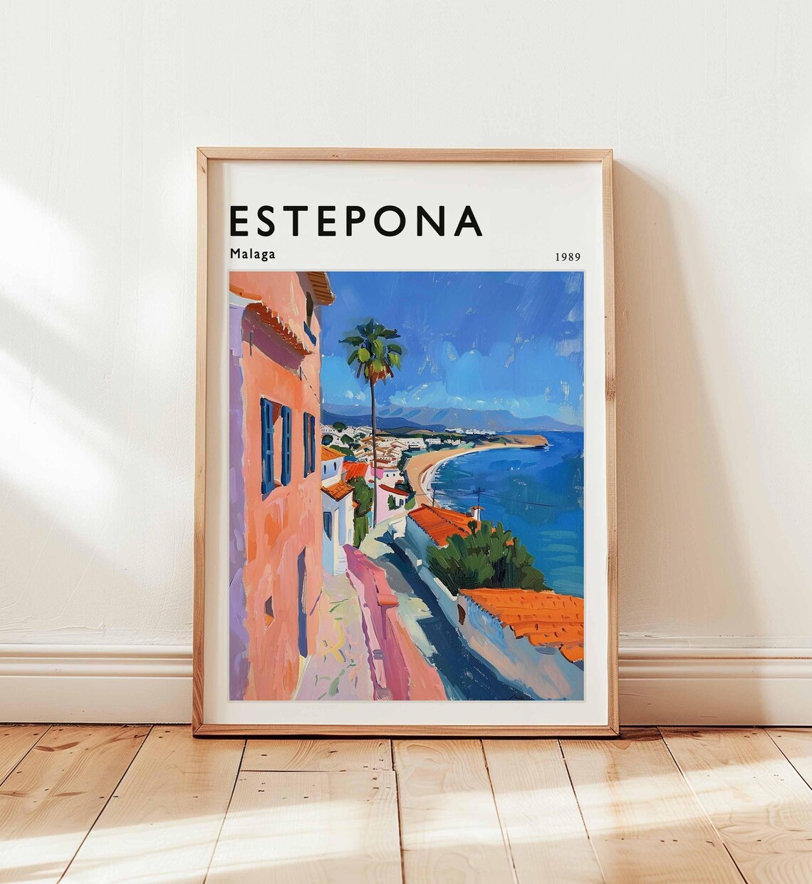 Estepona Malaga 1989 Sunny Alley Sea View Tall Palm Travel Poster