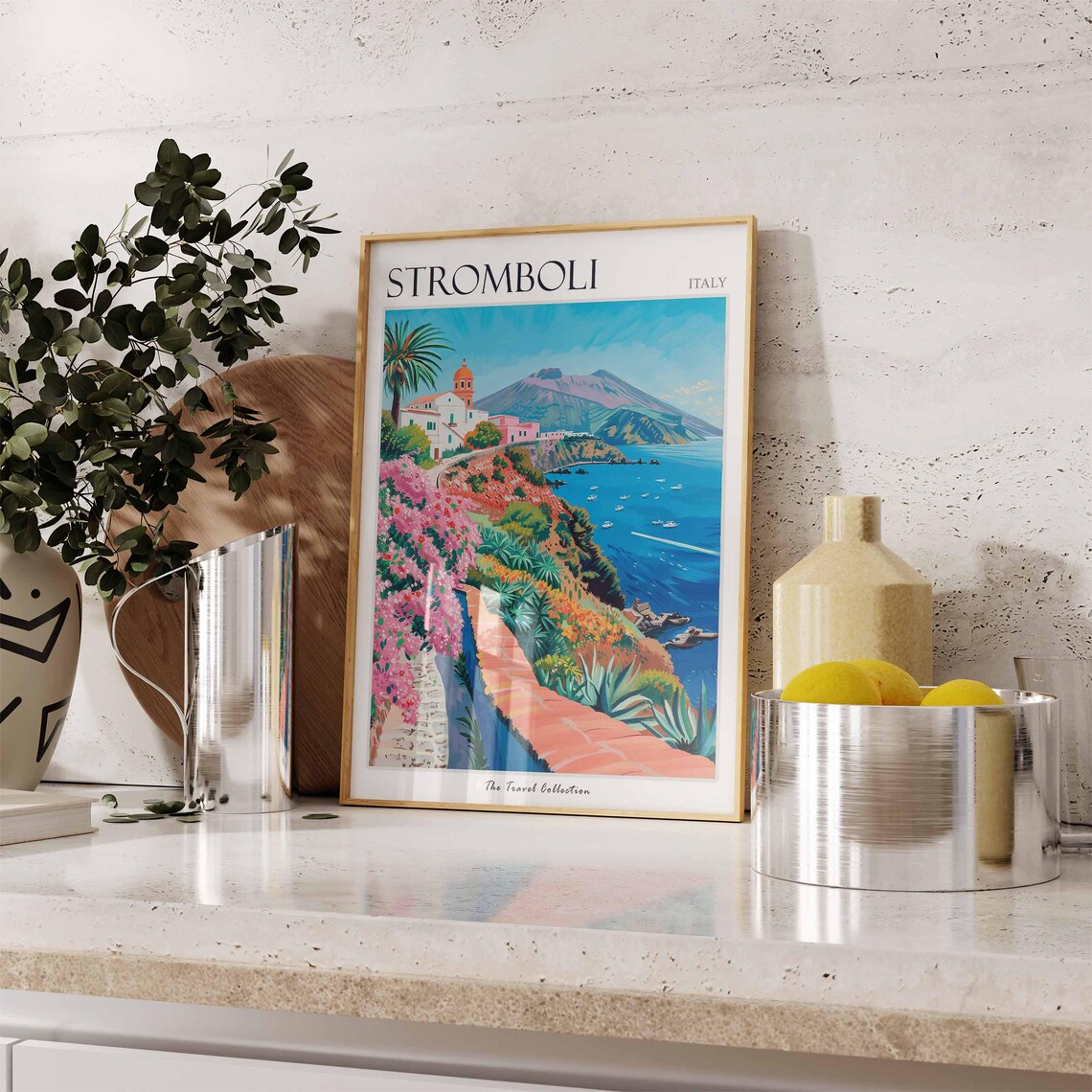 Stromboli Italy Bougainvillea Path Travel Poster with Church Tower - Image 2