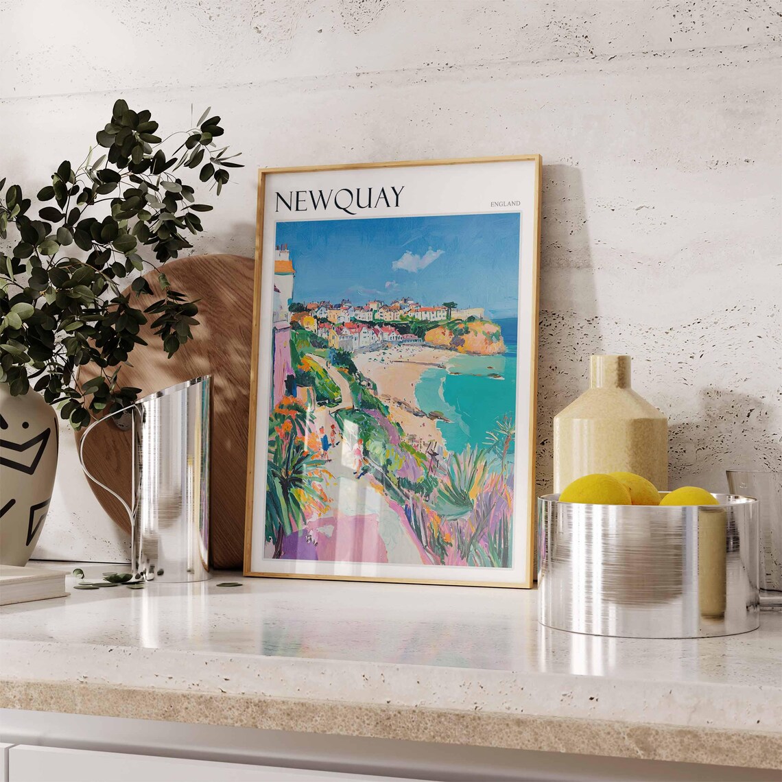 Newquay England Beach Path Palm Plants Town Headland View Poster - Image 2