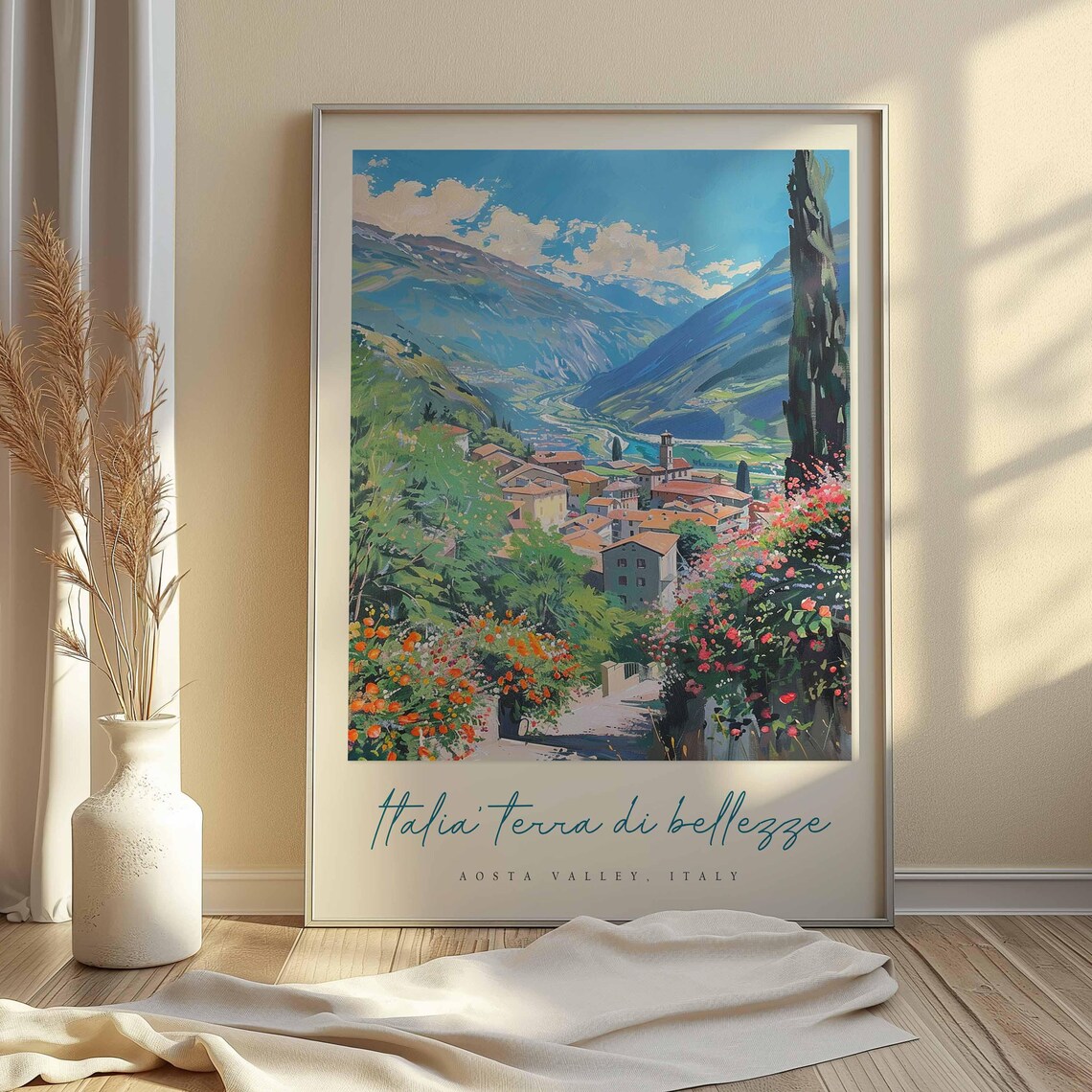 Aosta Valley Flower Covered Path Town Mountains Travel Poster - Image 2