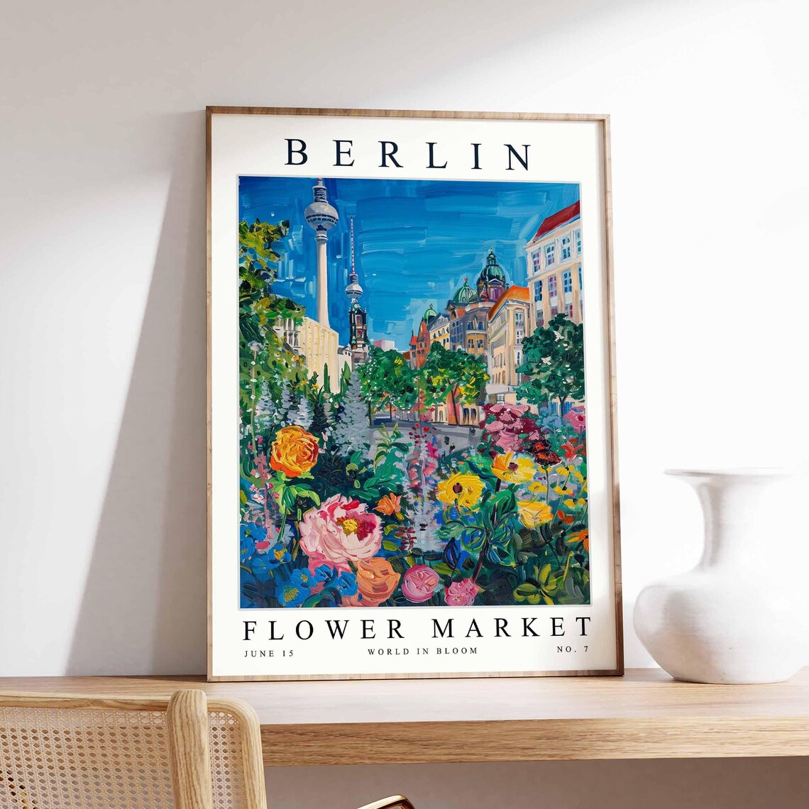 Berlin Flower Market TV Tower Spires Lush Rose Garden Travel Poster