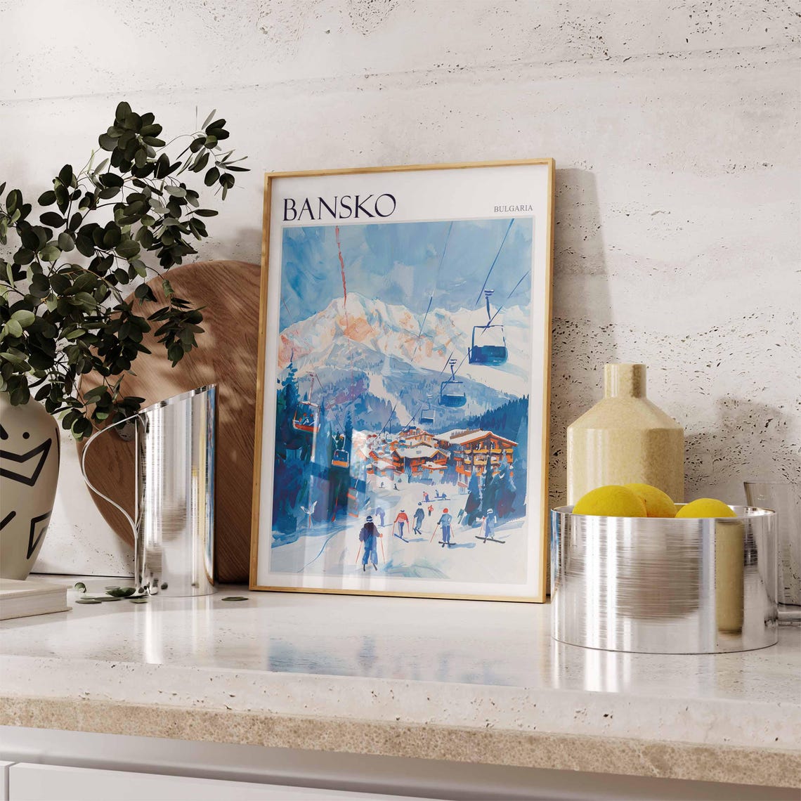 Bansko Bulgaria Gondola Lifts Skiers Snowy Village Scenic Poster - Image 2