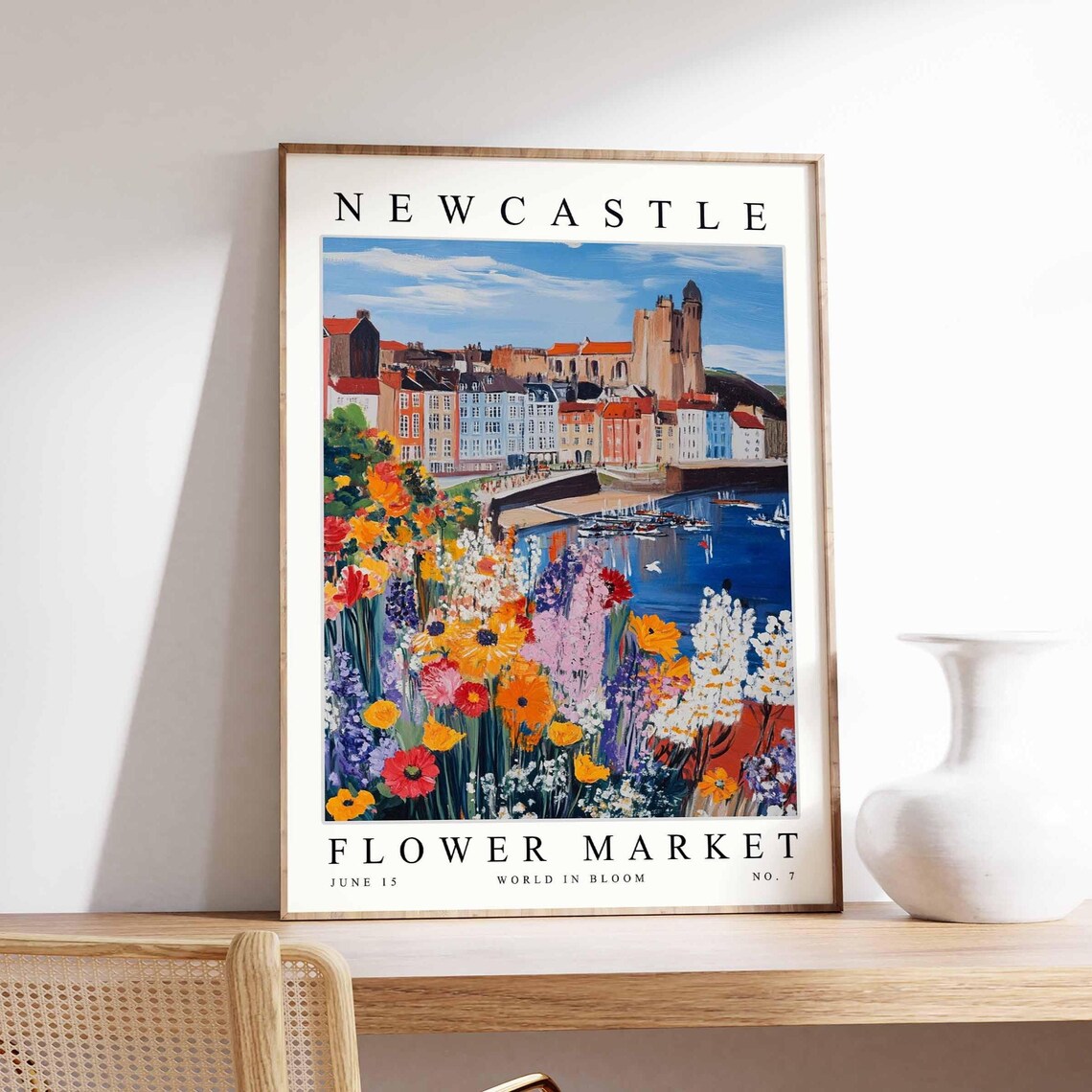 Newcastle Flower Market Harbor Church Town Waterfront Art Poster