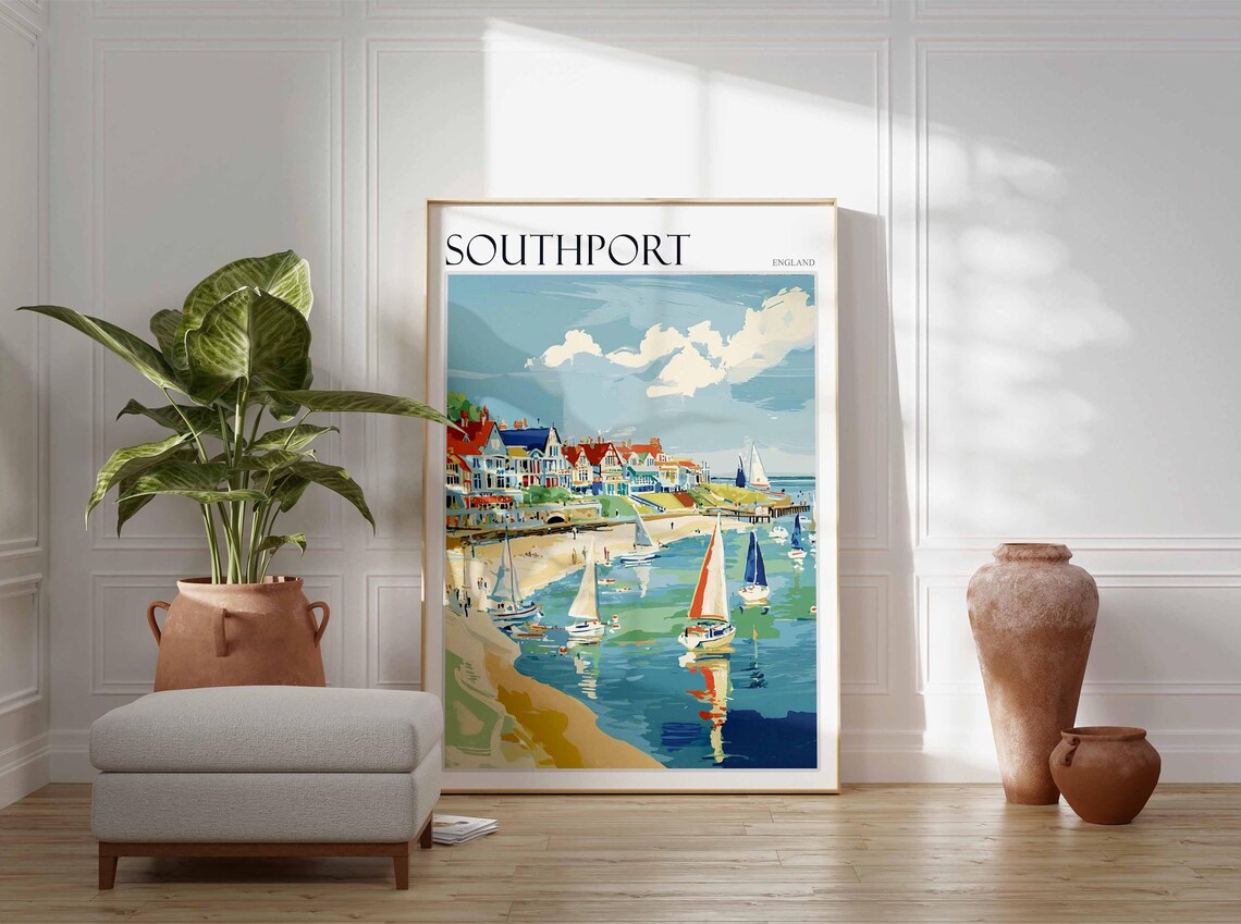 Southport England Sailboats on Turquoise Bay Beach Scene Poster - Image 2