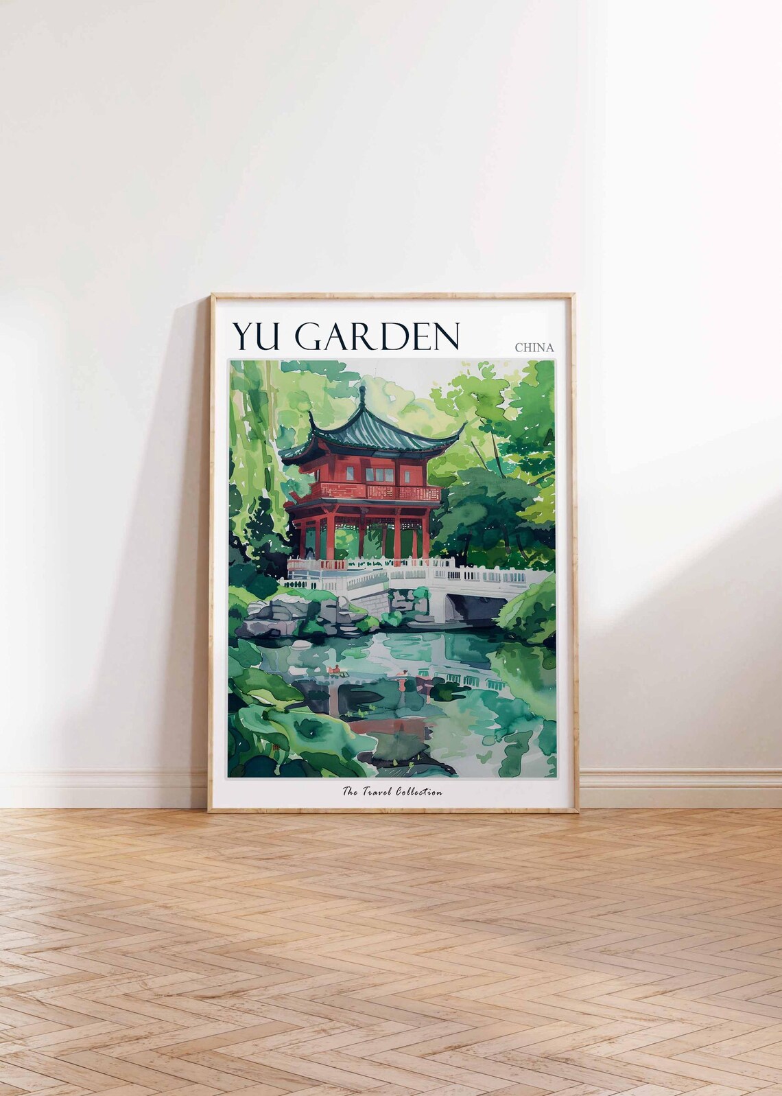Yu Garden China Red Pagoda Pavilion Pond Watercolor Travel Poster - Image 2