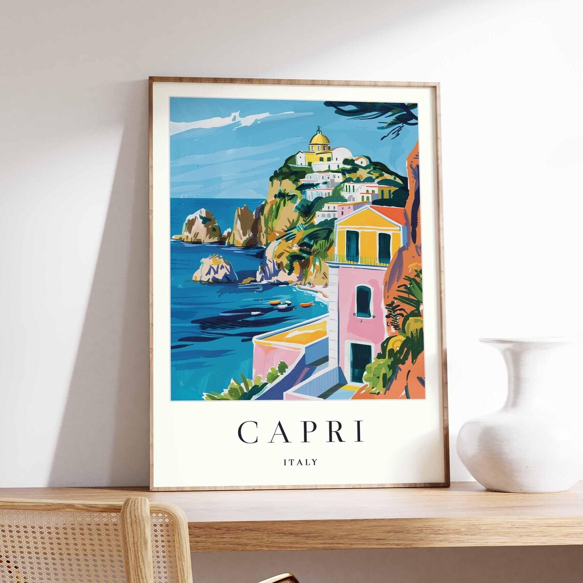 Capri Italy Rocky Cliffs Pastel Seaside Houses Turquoise Bay Travel Poster