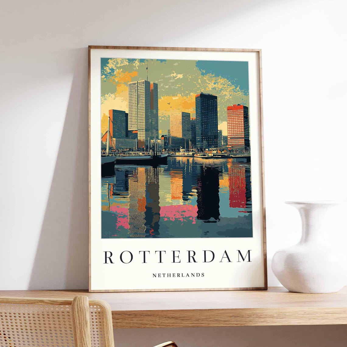 Rotterdam Netherlands Poster With Vintage Sunset Skyline Reflection